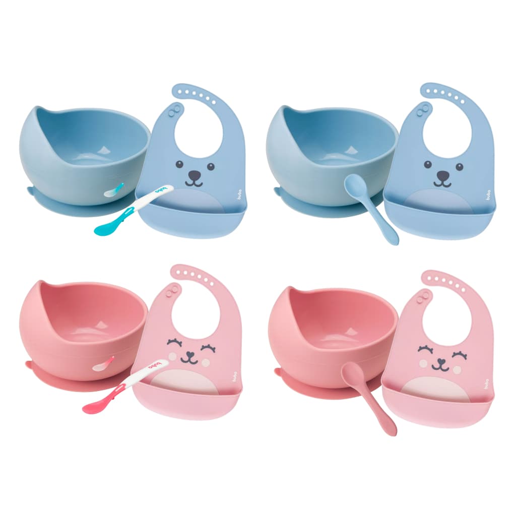 Kit Introdução Alimentar Buba Prato Bowl em Silicone com Ventosa Babador em Silicone Colheres Termossensíveis Colher Silicone