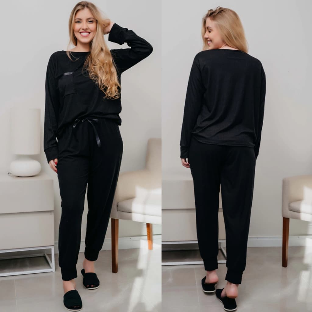 Pijama Nobre Manga Longa Canelado com Laço e Bolso Preto