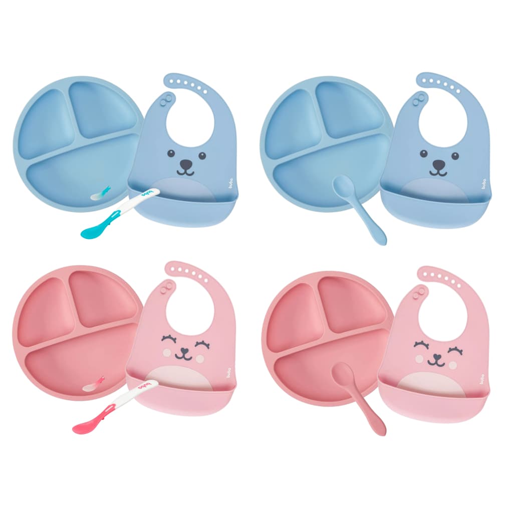 Kit Introdução Alimentar Buba Prato em Silicone com Divisórias e Ventosas Babador em Silicone Colheres Termossensíveis Colher Silicone