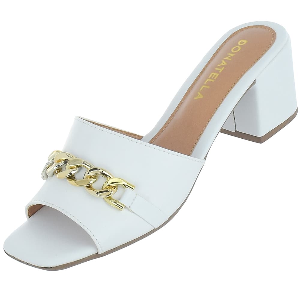 Sandália Feminino Tamanco Mule Bico Quadrado Salto Alto Corrente Confort Casual