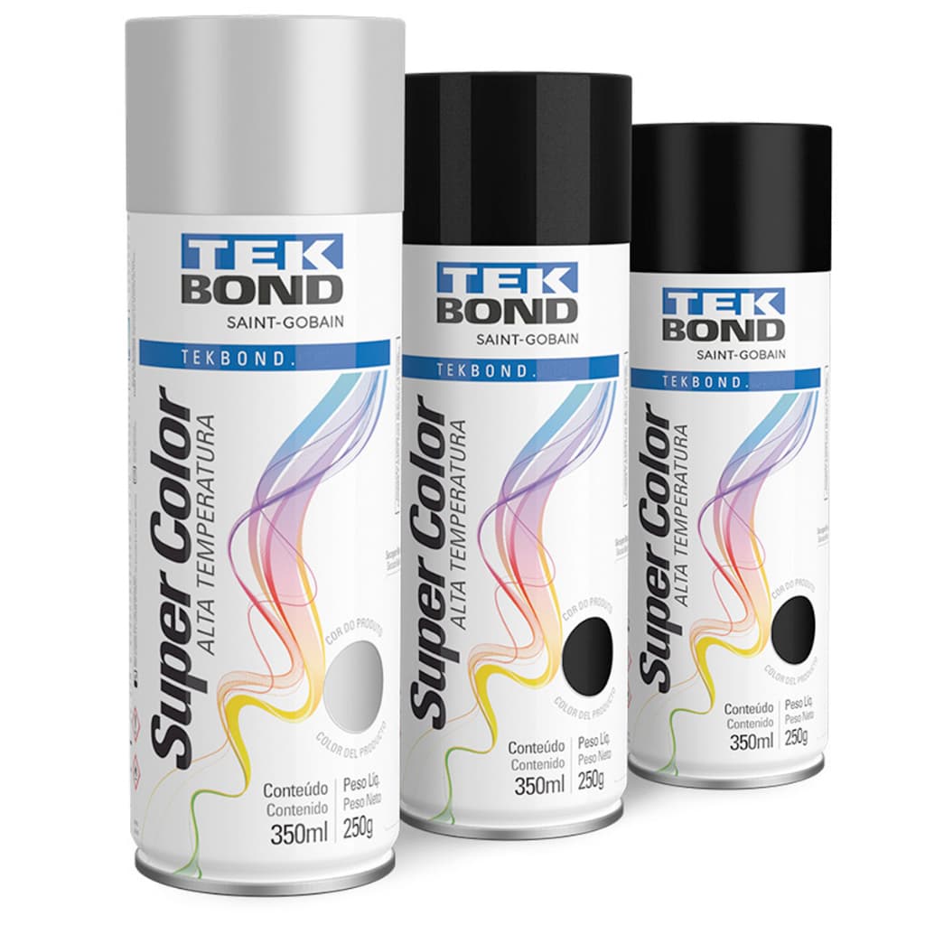 Tinta Spray Alta Temperatura 600 Graus Tek Bond 350ml 250g Cores Preto Brilhante Preto Fosco Alumínio