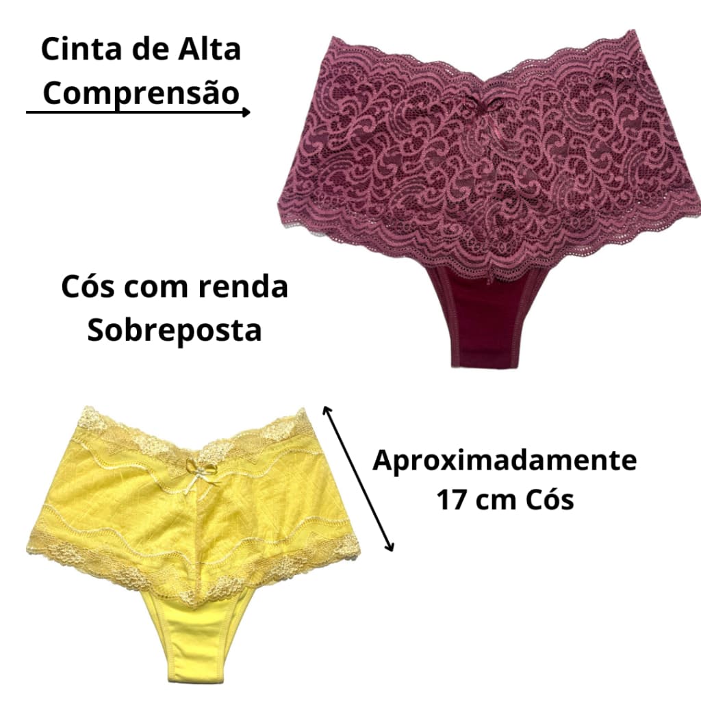 Kit 3 Calcinha Cinta Renda Alta Cintura Cotton Algodão Cós Alta Tanga Confortável Modern Segura Barriga