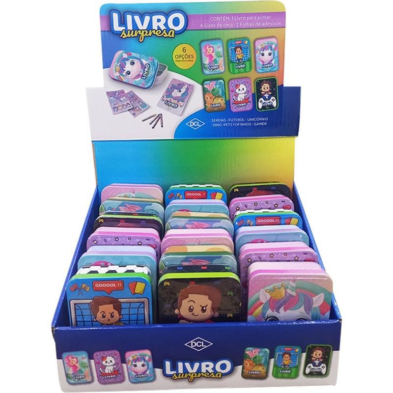 Mini Livro Infantil de Colorir Latinha Surpresa com Giz de Cera e Adesivo