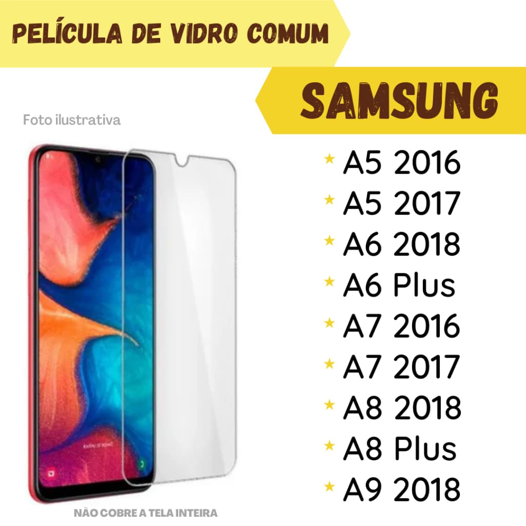 Película de Vidro Samsung Galaxy A5 2016/ A5 2017/ A6 2018/ A6 Plus/ A7 2016/ A7 2017/ A7 2018/ A8 2018/ A8 Plus/ A9 2018 Protetor de Tela.