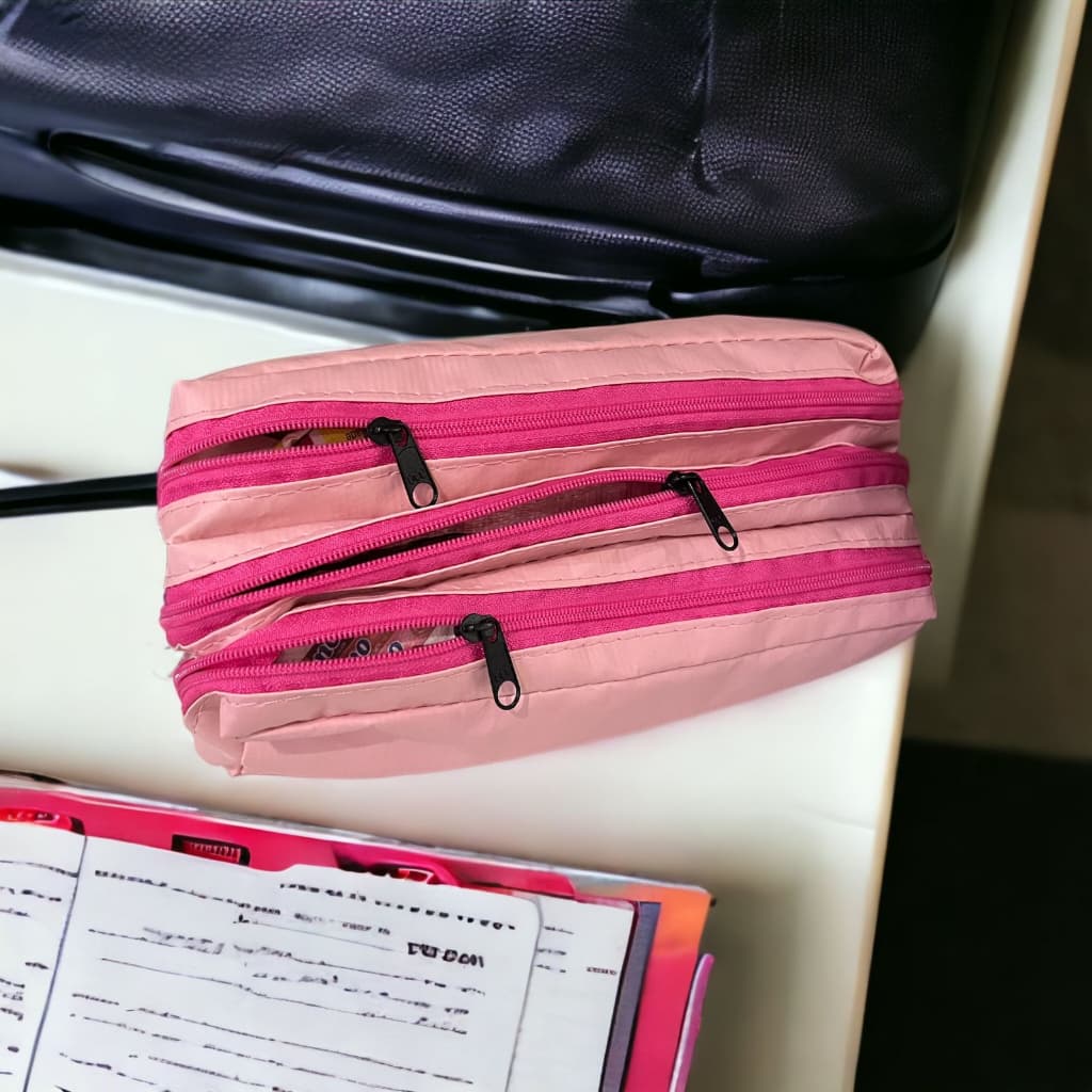 Estojo Escolar 3 Repartições Triplo Rosa Grande