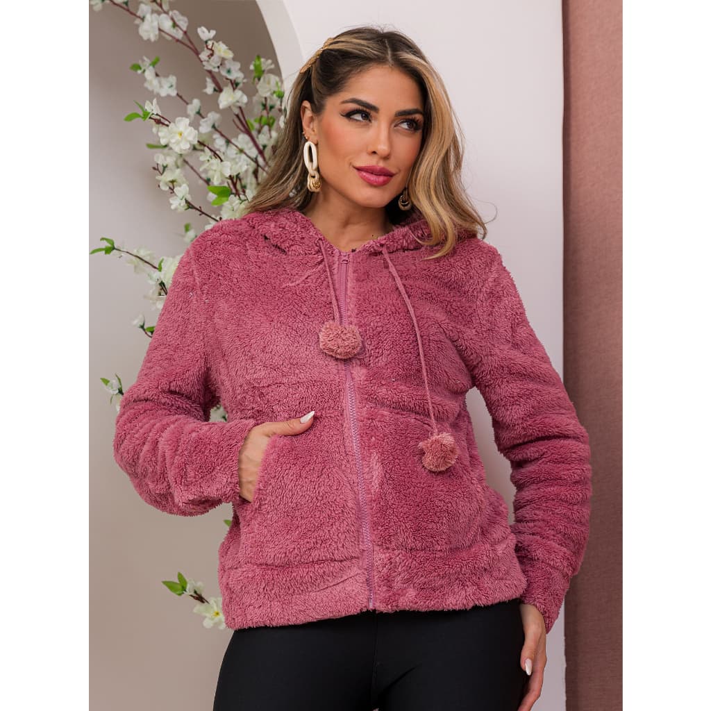 Moletom Liso Com Pelúcia Casaco Feminina Inverno Outono Jaqueta