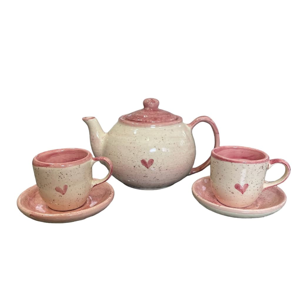 Kit 2 Xícaras Pires Café 1 Chaleira Bule 500 Ml Rosa Coração Dia Mãe
