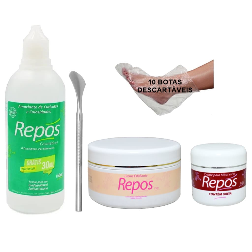 Kit Amaciante Repos +222+ Esfoliante + Creme Uréia+ 10 Botas Descartáveis
