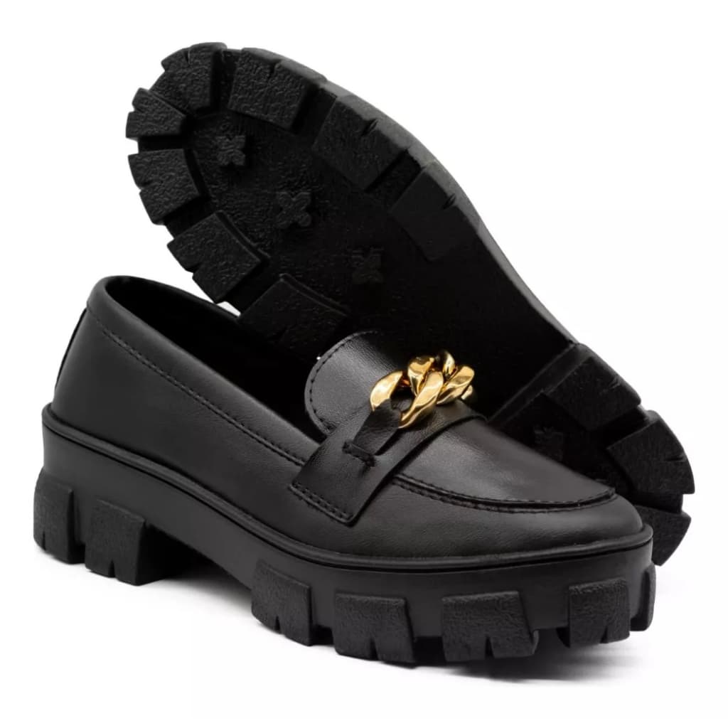 Sapato Mocassim Feminino Tratorado Solado Alto Plataforma Feminina Detalhe Dourado Tratorada Com Metal Oxford Plataforma