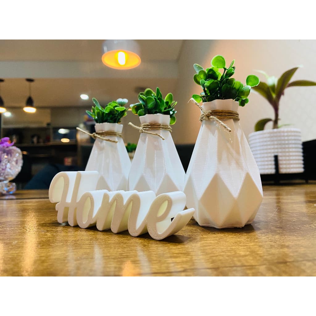 3 Vasinhos Com Plantas Artificiais E Letreiro Home Enfeite Casa