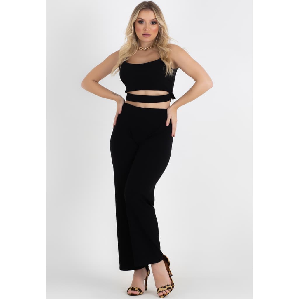 Conjunto Cropped Com Decote Na Frente e Calça Canelado Luxury