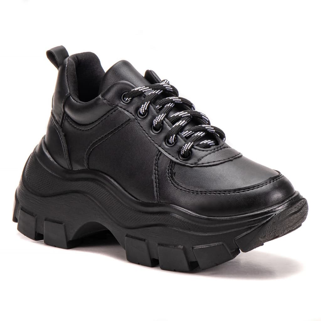 Tênis Feminino Casual Tratorado Tenehi Todo Preto Sola Alta Plataforma Confortável Envio Já