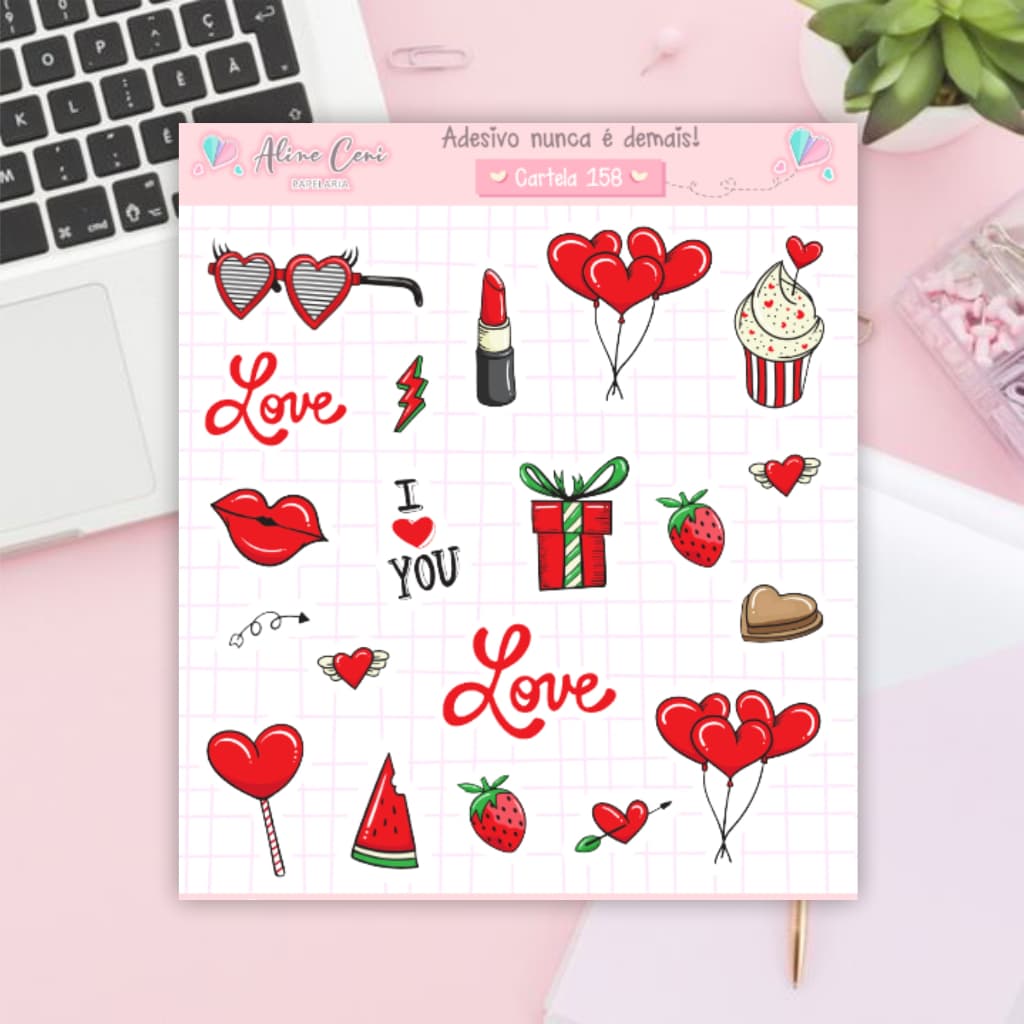 Cartela de Adesivos n 158 - Adesivos com desenhos de coração, love para decorar planner e bujo
