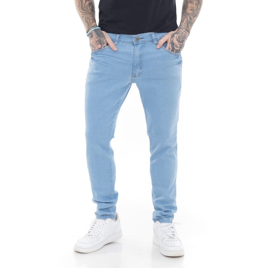 Calça Jeans Masculina Azul Claro Super Skinny Delavé Elastano Conforto Flexível Tendência Estilo Moderno Slim Fit