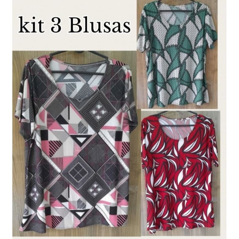 Kit 3 Blusas com Manga Feminina Plus Size Estampada de Malha envio 24 horas