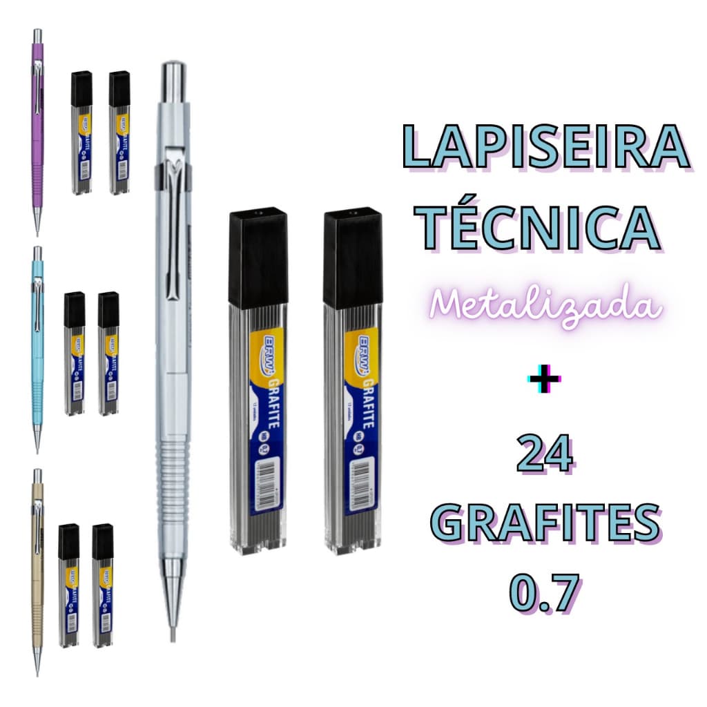 Lapiseira Técnica 0.7mm ₢ores Metálicas + 24 Grafites Hb
