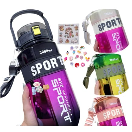 Garrafa de Agua Grande Metalizada 2000ML , 700ML ou 260ML Com Adesivos, Canudo e Frases Motivacionais