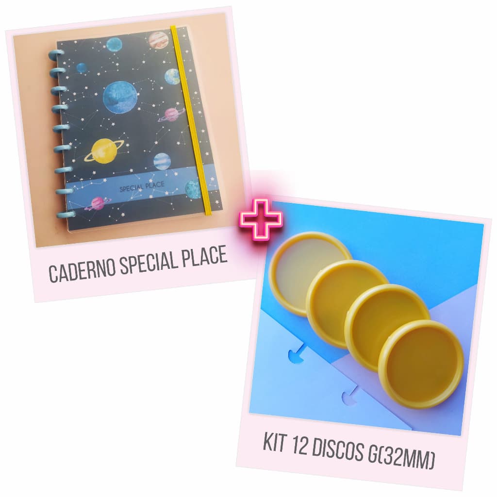 Kit Caderno Colegial  de 10 Matérias Special Place Planets + 12 Unidades Disco 32mm Liso