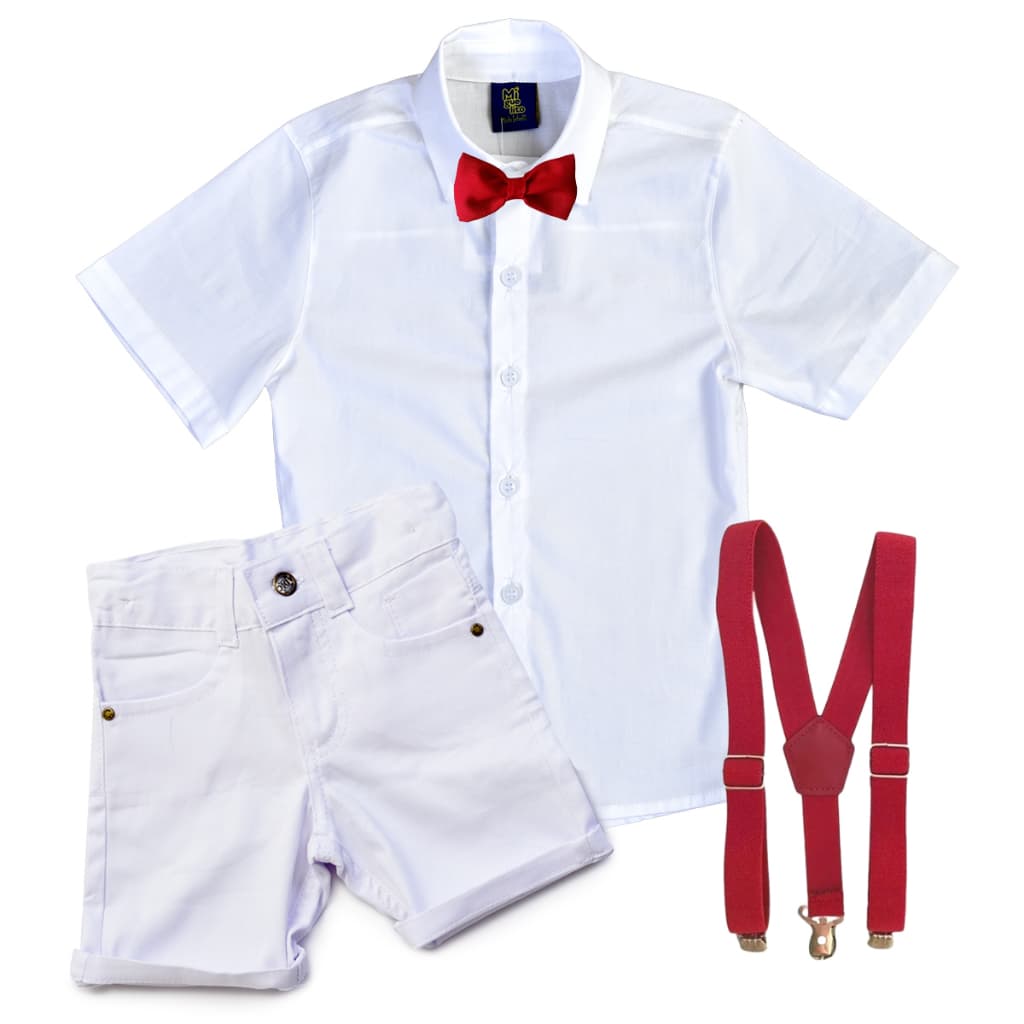 Roupa Infantil Social Menino- Bebê Batizado Festa Bermuda + Camisa + Kit Gravata E Suspensório