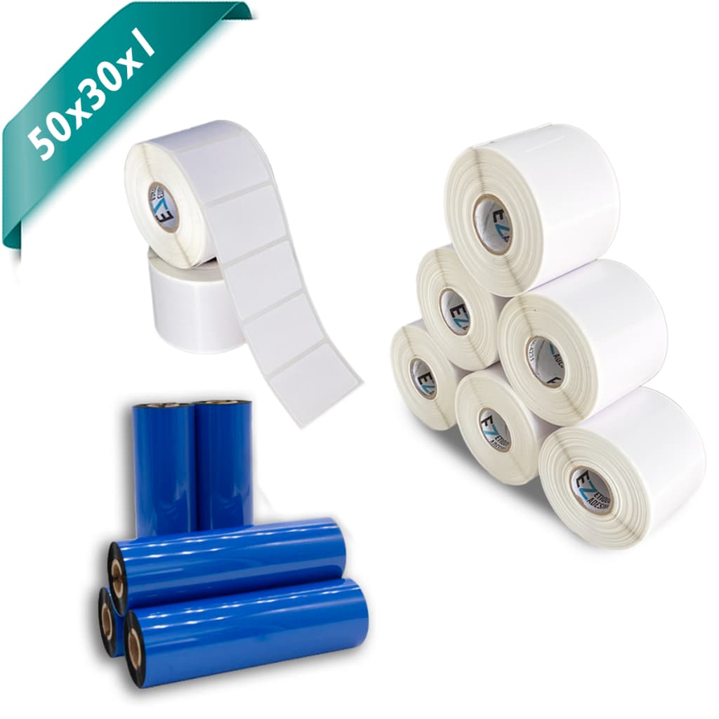 Kit 10 Rolos Etiqueta 50x30 1 Coluna Couche Adesiva + 5 Ribbons Cera