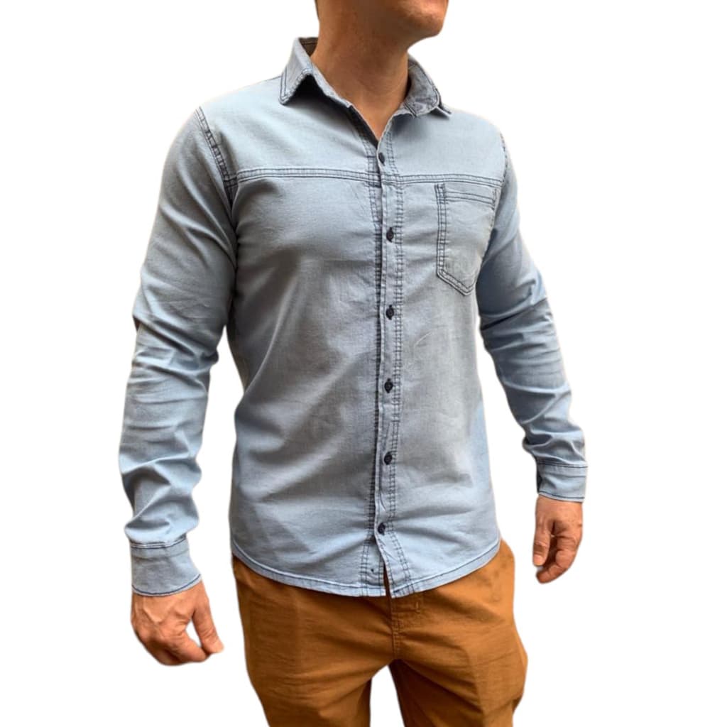 Camisa Jeans Masculina Manga longa  Slim Social Com Elastano