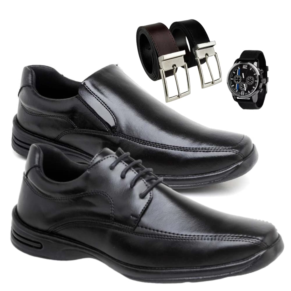 Kit 2 Sapato Social Conforto Masculino  Preto Com Cinto E Relógio