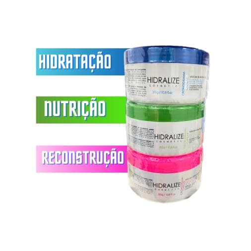 Cronograma capilar,  1 máscara Hidratação, 1 máscara Nutrição e 1 máscara Reconstrução Hidralize. 3 potes de 300g, tratamento