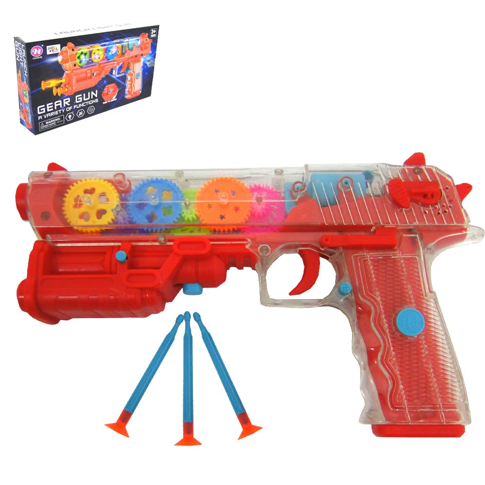 PISTOLA DE BRINQUEDO LANCA DARDO VENTOSA COM 3 DARDOS FUTURISTA + SOM E LUZ TRANSPARENTE A PILHA