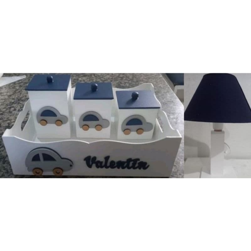 kit higiene mdf 5 peças meio de transporte  carrinho azul marinho