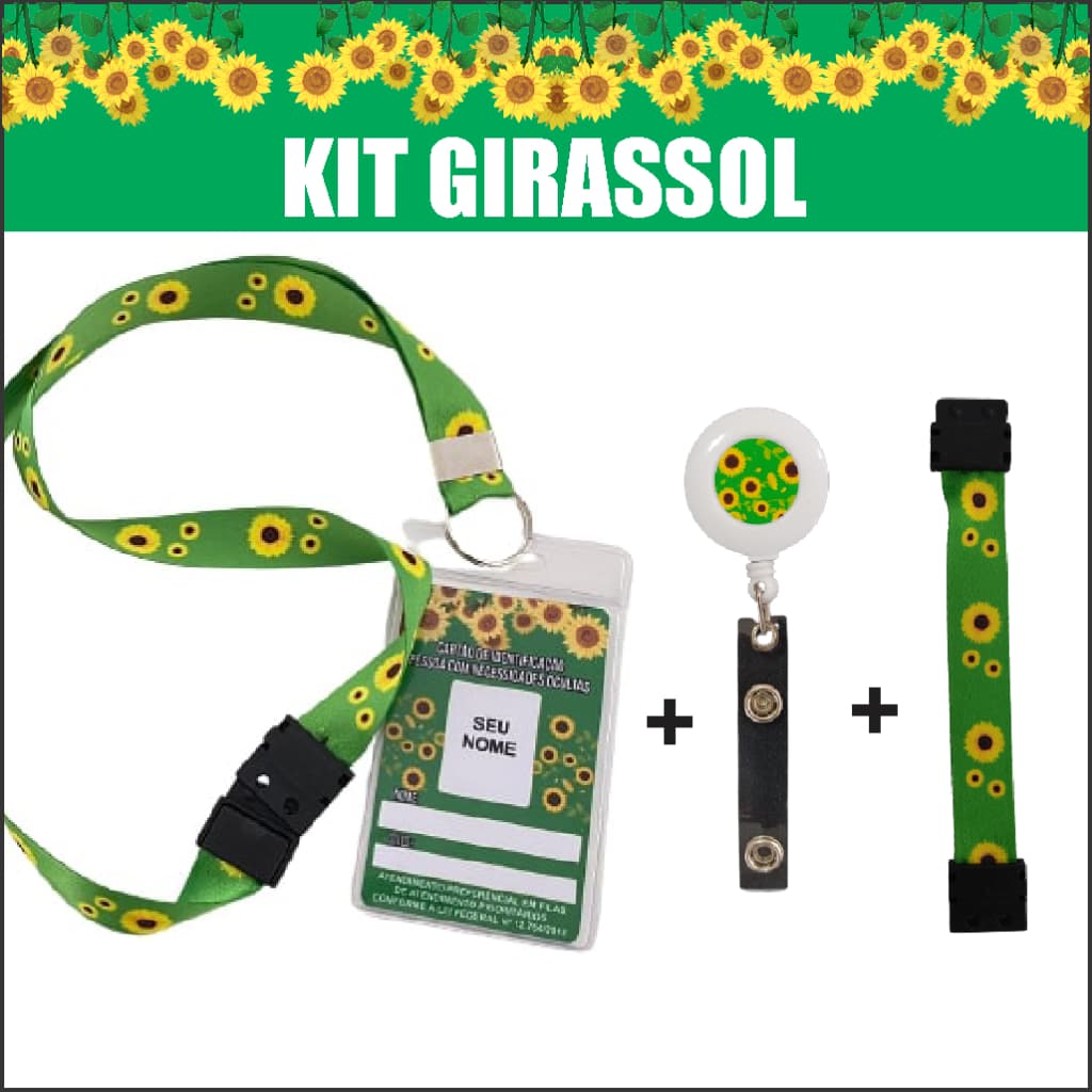 Kit Girassol Crachá + Cordão + Roller clip + Pulseira + porta crachá