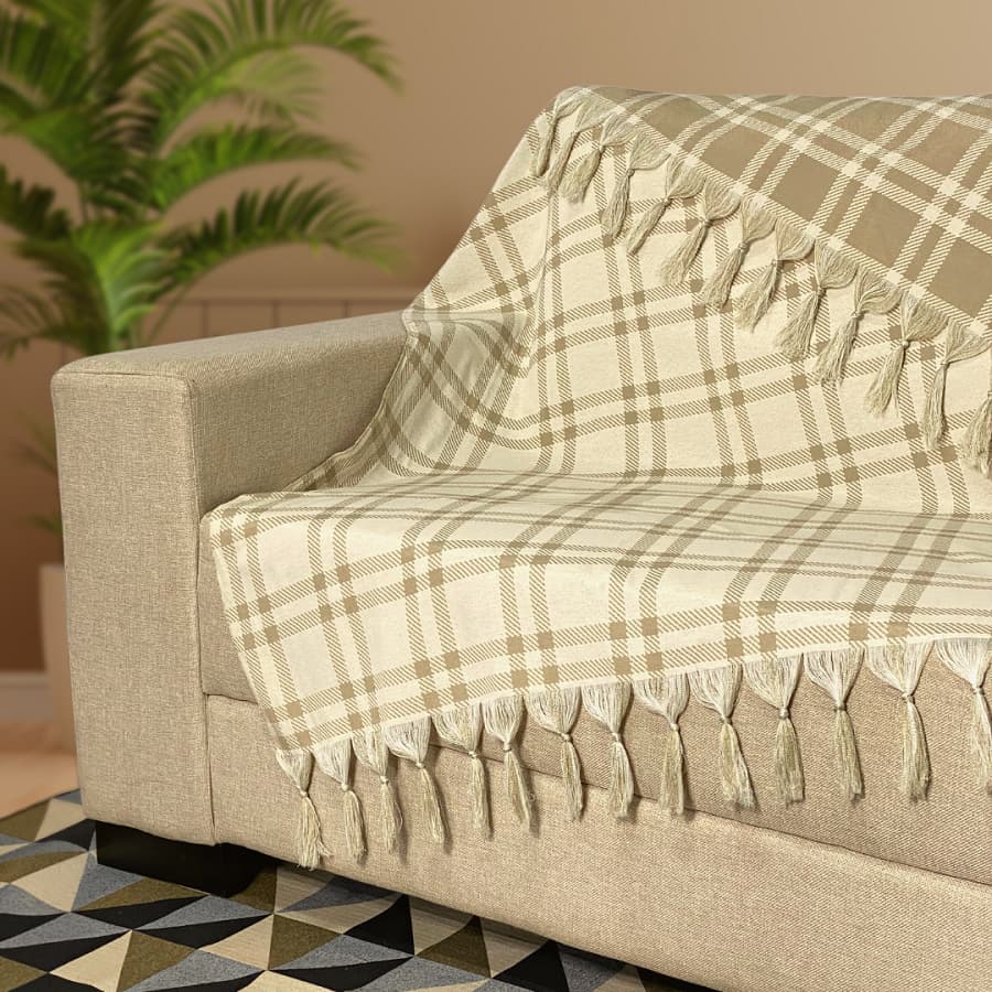 Manta Xale de Sofá e Cama Rústica Xadrez Bege Minimalista 2 Lugares 1,40 x 1,80