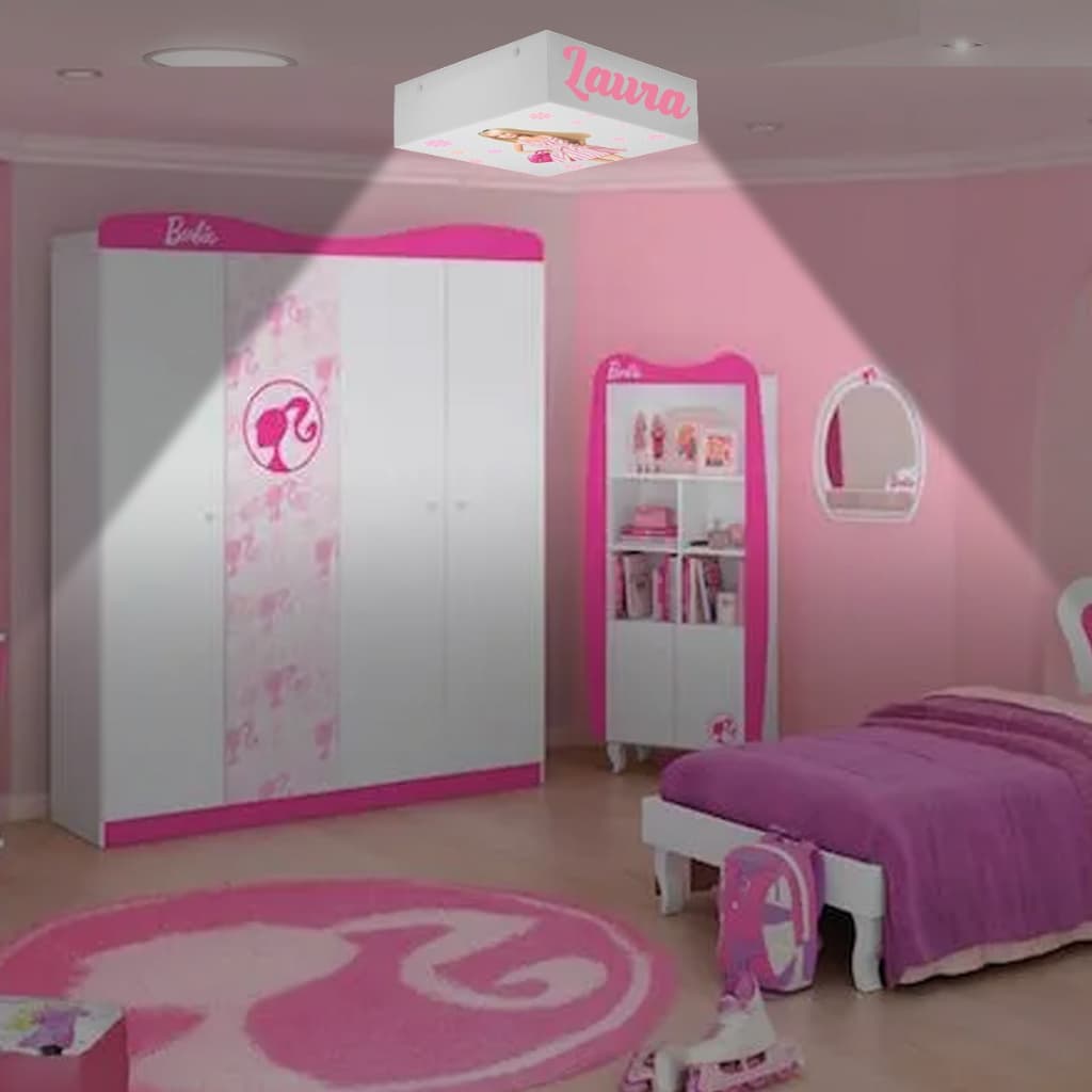 Luminária Lustre Plafon 40x40 para quarto de Criança Barbie personalizado com o Nome Menina infantil