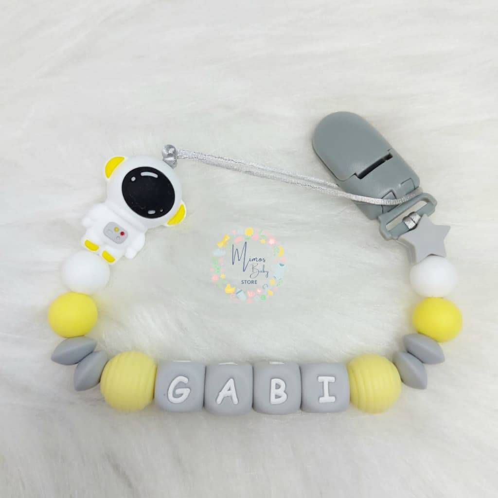 Prendedor de Chupeta de Silicone e Mordedor Personalizado com Nome Astronauta