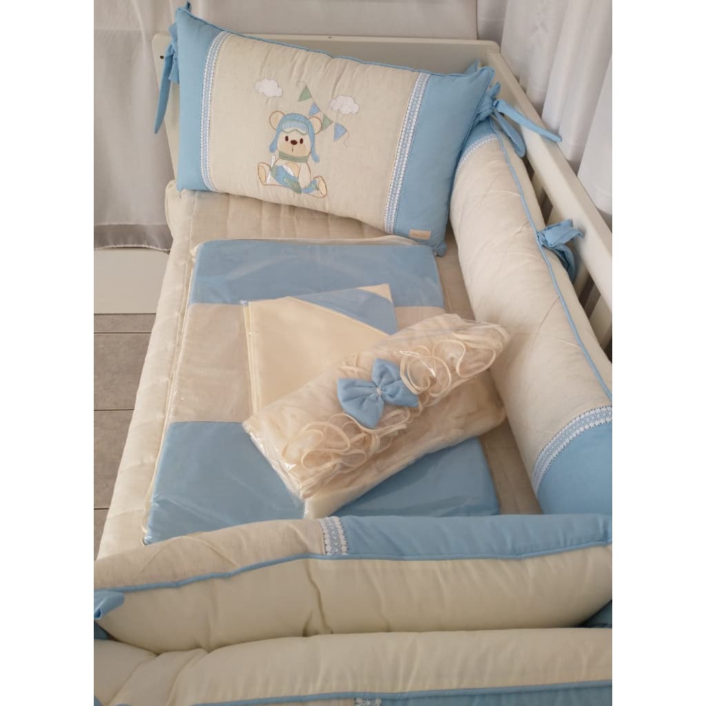 Kit Berço Americano Paris Ursinho Aviador 9 Peças Azul Com Linho