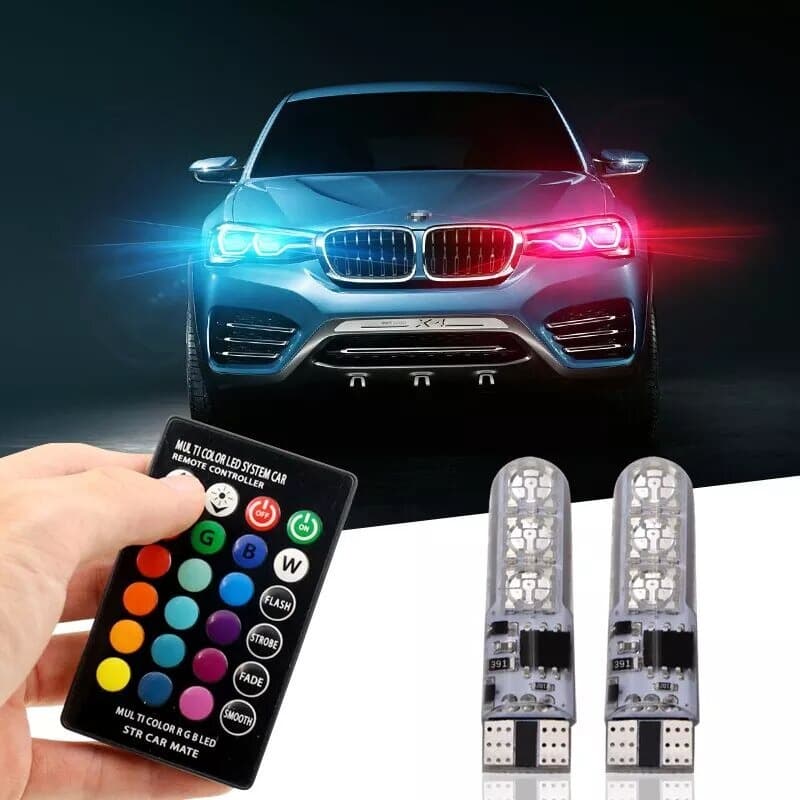 Par de lâmpadas T10 + controle remoto 16 cores + função strobo para carro.