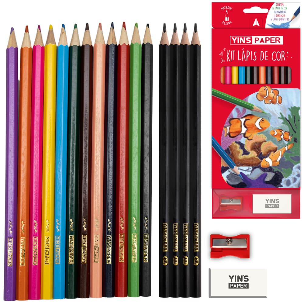 LAPIS DE COR SEXTAVADO 12 CORES + APONTADOR + BORRACHA E 4 LAPIS GRAFITE HB YINS PAPER