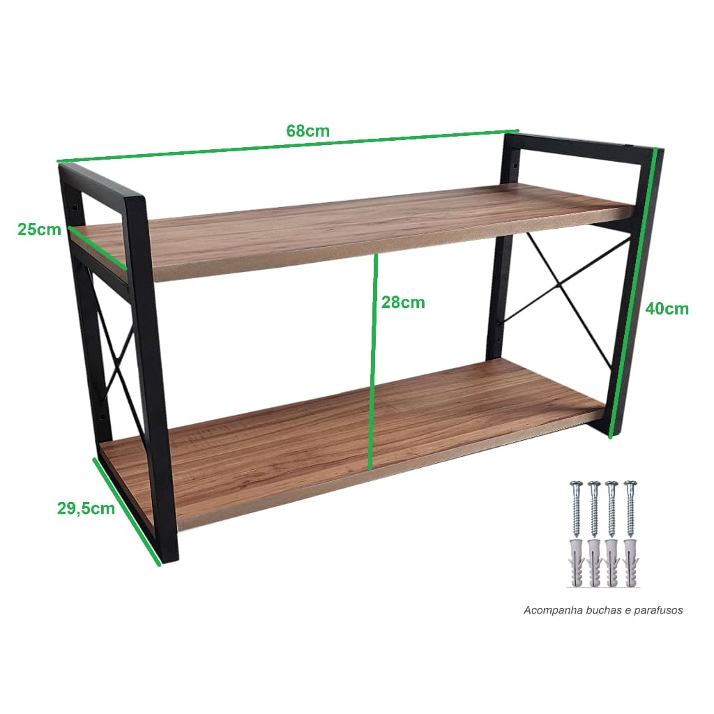 Prateleira Para Cozinha Sala Decoração Industrial 68x40 Estrutura Ferro 2 Prateleira de MDF