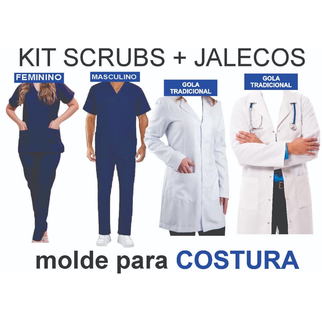Kit 4 modelos moldes jaleco feminino + masculino e pijama cirúrgico feminino + masculino MOLDE PARA COSTURA.