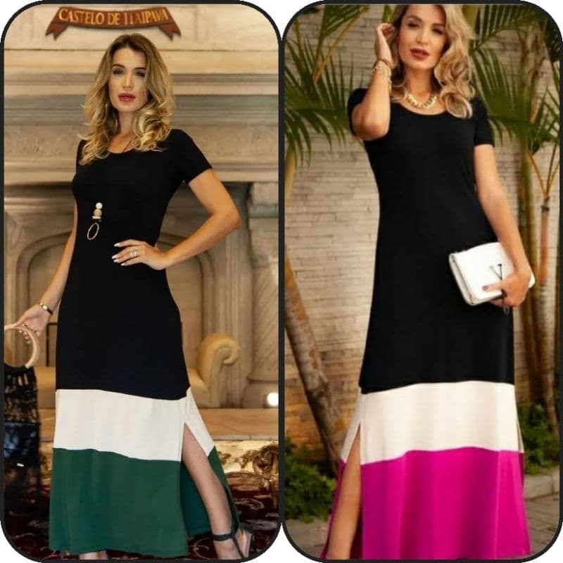(03 ref.) Vestido  longo feminino bicolor tamanho único e plussais gola casual manga curta