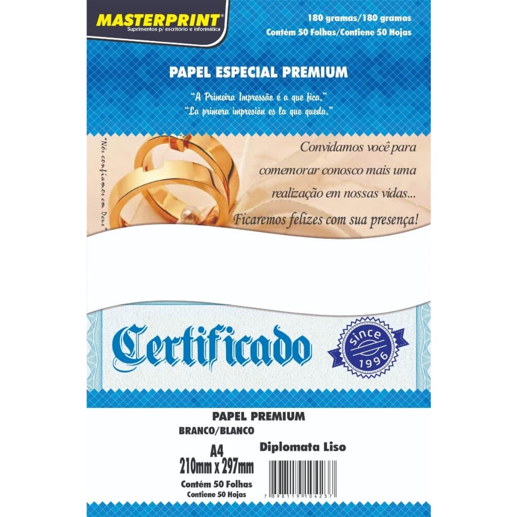 Papel Offset Opaline Premium Liso 180g 50 Folhas A4 Branco Diplomata Masterprint