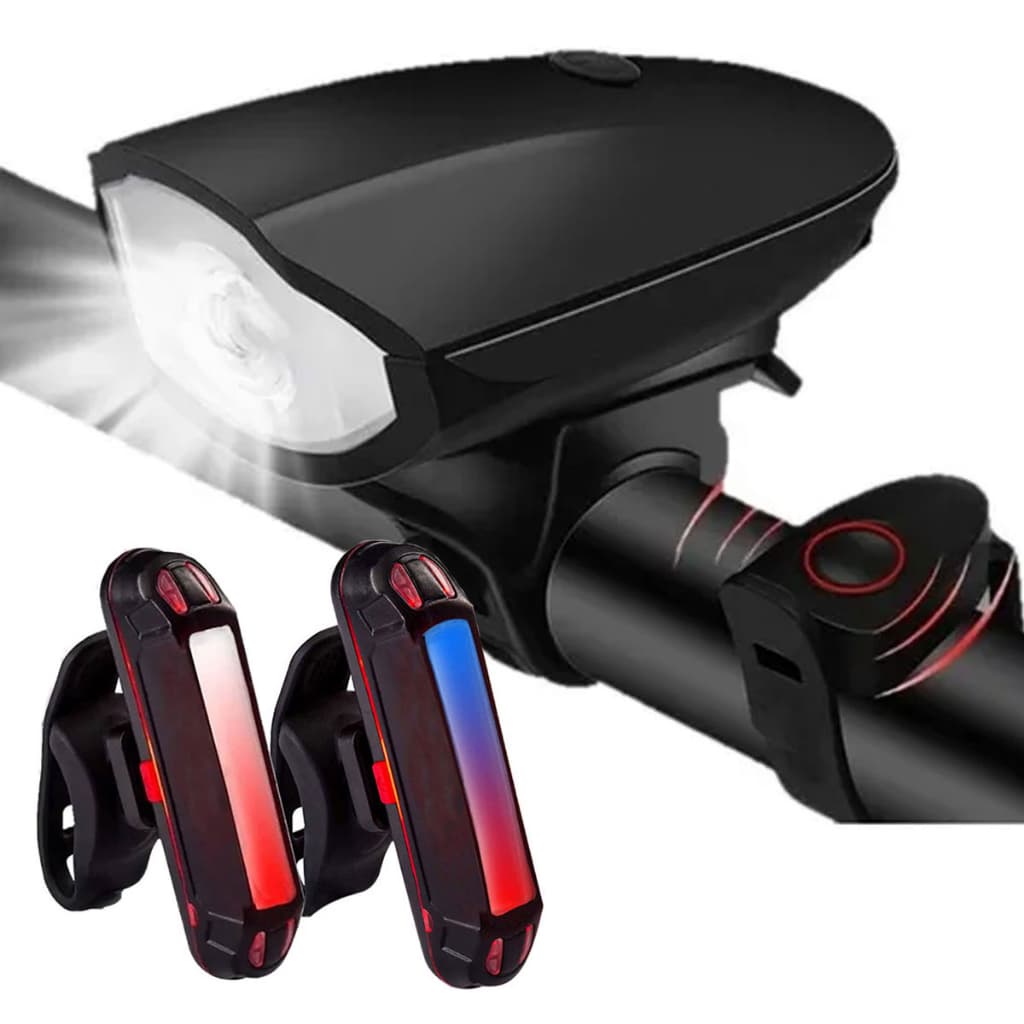 Farol Para Bike Com Buzina Led Potente + Sinalizador Azul Vermelho Branco Pisca Traseiro