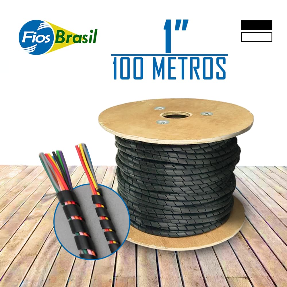 Tubo Organizador  Espiral 1" | 25,4mm EXTERNO | Organizador De Fios e Cabos | 50M | Preto ou Branco c/ NF-e