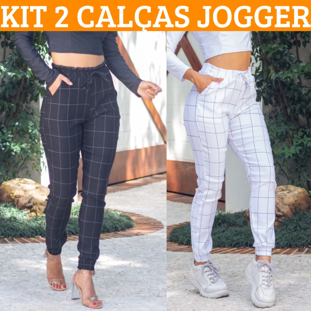 Kit Calças Feminina Jogger Bengaline Preto e Branco Xadrez Listrado quadriculado M G GG Calça Jogger Moda Feminina