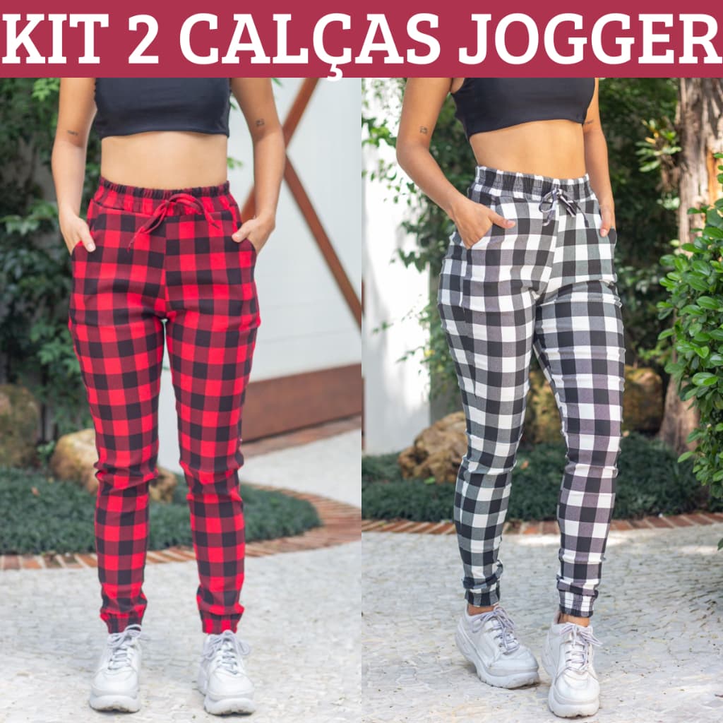 Kit 2 Calças Jogger Feminina Vermelho e Branco Quadriculado Xadrez Listrado M G GG Calça Jogger Adulta Jovem Menina