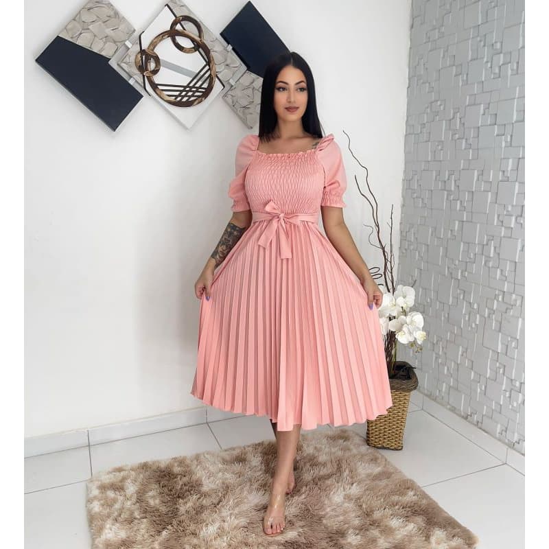 Vestido Midi Feminino De Manga Curto Plissada lisa 0543