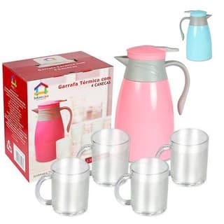 Kit Garrafa Térmica 1 litro Café Colorida + 4 Canecas de Vidro