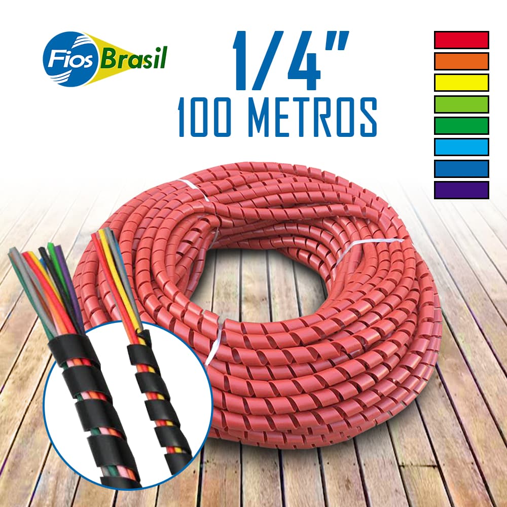 Tubo Espiral 1/4 | 6,33mm | Organizador De Fios e Cabos | 100M | Várias cores c/ NF-e