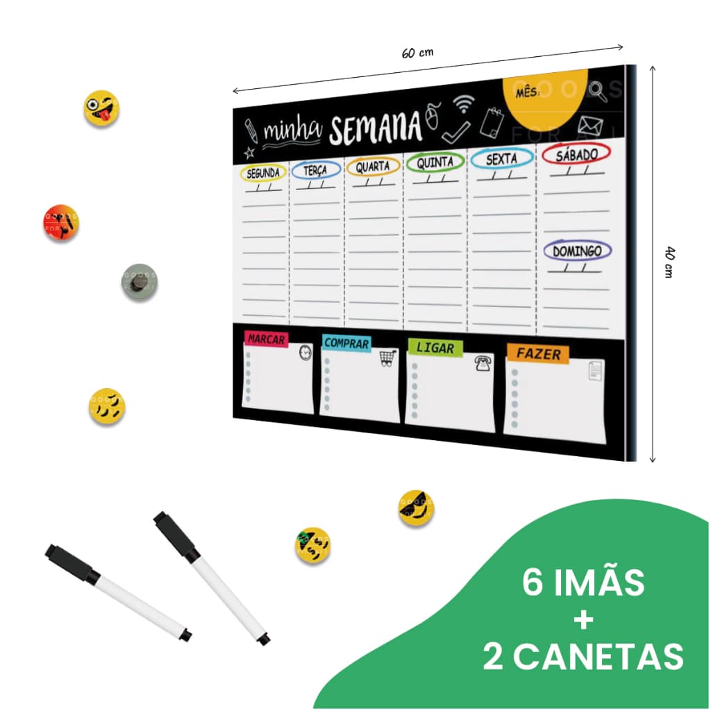 Mural de Recados Lousa Para Organizar A Semana O Mês Quadro Planejador Semanal Mensal Com 2 Canetas 6 Imãs