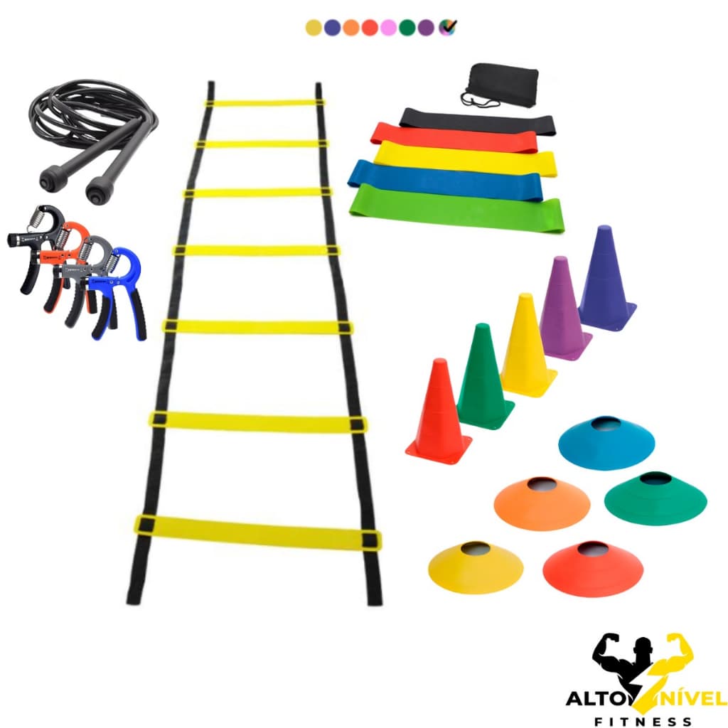 Kit Treino Funcional Agilidade Escada 7 Degraus + 05 Cones + 05 Chapéus Chinês + 01 Kit 5 Faixas Mini Bands + 01 Corda de Pular Treino Pvc + 01 Hand Grip