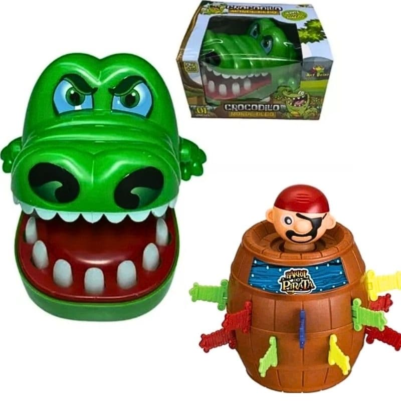 Kit 2 Brinquedos Jogo Pula Pirata Barril E Jacaré Crocodilo Morde Dedo